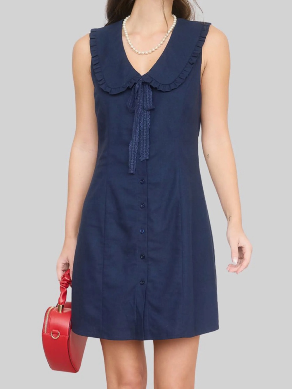Boutique brand blue Peter Pan collar sleeveless dress with bow NWT